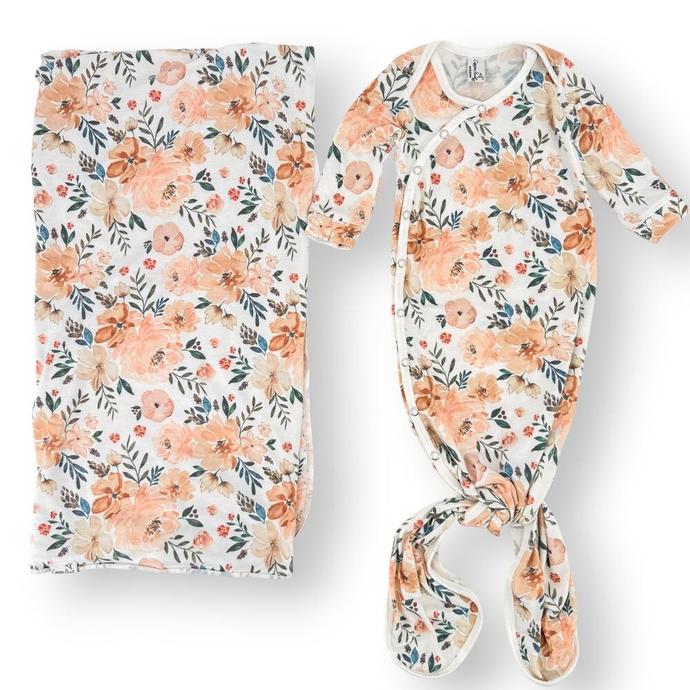 Copper Pearl Autumn Floral Print Knit Swaddle Blanket Knotted Gown Lot Newborn